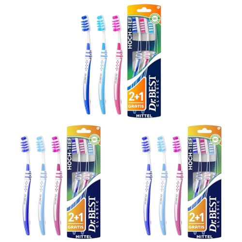 Dr.BEST Hoch-Tief Zahnbürste, Mittel, Vorteilspack(2+1Stück Gratis)Die kürzeren Borstenreihen reinigen die Zahnoberfläche, die längeren sind speziell für die Reinigung der Zahnzwischenräume konzipiert