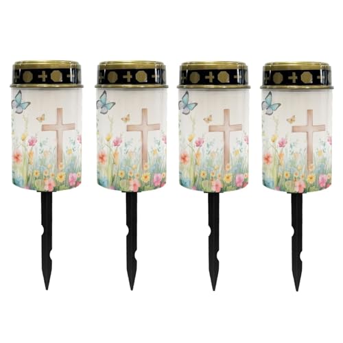 Image of Poceacles Cross Solar Powered Outdoor Lights - Cemetery Memorial Candle, Waterproof Landscape Light for Yard, Patio, Lawn, Home Decor - Cross Butterfly Floral, Pack of 4