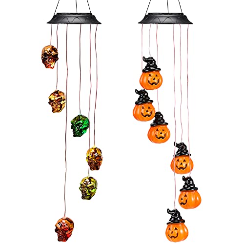 Jetec 2 Pieces Halloween Light Wind Chimes Pumpkin Skeleton Skull Wind Chimes Solar Wind Chimes LED Light Holiday Wind Chime for Indoor Outdoor Decor Halloween Garden Party