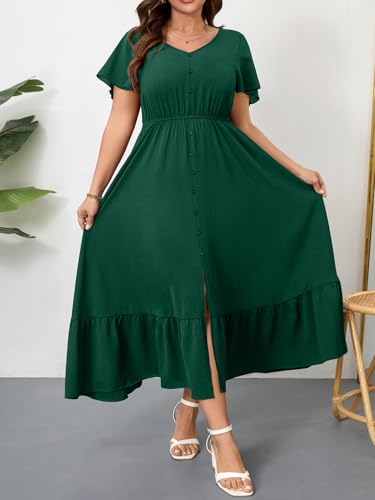 Image of RWJ Women Plus Size Maxi Dress V Neck Short Sleeve Button Trim Split Flowy Tiered Casual Long Dresses 2025 L-3XL