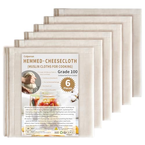 Colperun Passiertuch (6er-Pack - 50 x 50 cm) – Feines Mulltuch, wiederverwendbar | Ungebleichtes Käsetuch für Küche, Marmelade & Brot