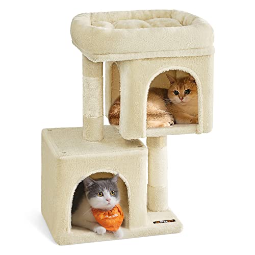 Feandrea Cat Tree, 26.4-Inch Cat Tower, Plush Condo for Kittens up to 7 lb, Large Perch, 2 Caves, Scratching Post, Beige UPCT611M01 by Feandrea - Used condition - US$26.69