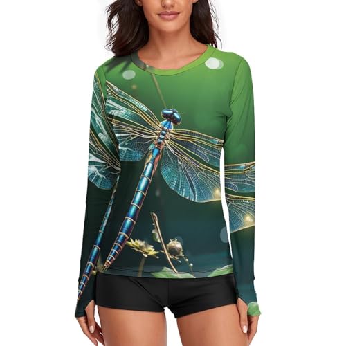 Dragonfly Green Rash Guard for Women Long Sleeve Swimsuits Sun Protection Sun Shirt Swim Shirts Hiking Tops