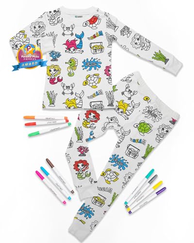 Craftikit Size 5-6 Mermaid Coloring Pajamas for Kids with Markers - Mermaid Theme Soft Stretchy Bamboo Viscose 2-Piece Unisex PJs Set Color Your Own Pajamas