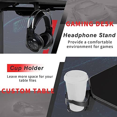 Kaimeng Racing Style Gamer Computer Desk Free Full Mouse Pad Modern Carbon Fiber Surface Ergonomic, T-Shaped Y Leg Office Room Game Table Workstation, With Handle Rack, 62.7"L X 29.5"W X 29.5"H, Black #TOP3