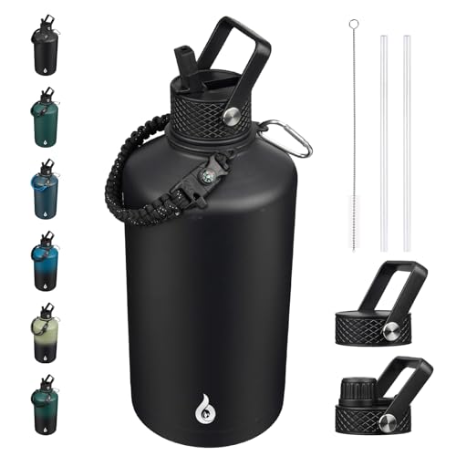 Image of BJPKPK 1 Gallon Water Bottle with Straw Lid, 128oz Large, Stainless Steel Water Bottles with 3 Lids and Paracord Strap, Double Wall Vacuum Metal Water Jug, Black