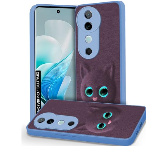 Image of AESTMO Back Case Cover for Vivo V40 / V40 Pro / T3 Ultra 5G Back Cover | 3D Cat Cover | Leather Finish | Full Body Protection | Camera Protection Back Cover (Purple)