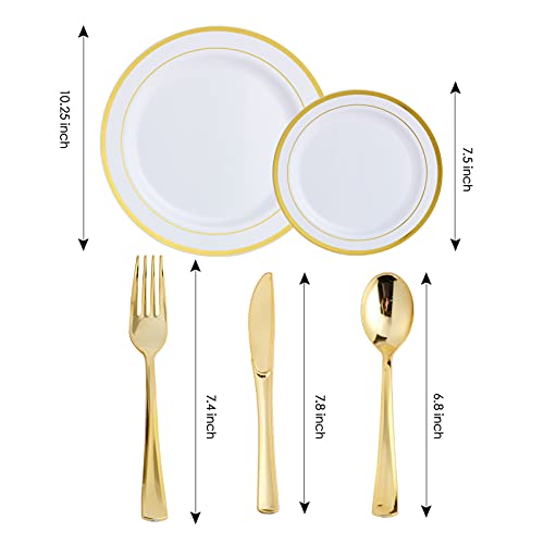 125 Count Gold Plastic Plates Include 25 Plastic Dinner Plates 25 Disposable Dessert Plates & Gold Disposable Silverware, Plastic Dinnerware Set Providing For 25 Guests Suitable For Party Wedding #TOP1