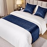 Cobedzy Navy Blue Satin Bed Runner for King Size Beds(1.8m), 50 x 240cm(20' x 94') Jacquard Bed Scarf Satin Bedding Scarves for Hotel, Home, Guesthouse