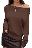 ELLEVEN Off The Shoulder Sweater Tops for Women Cozy Pullover Cute Sweaters One Shoulder Going Out Top Sexy Trendy Batwing Long Sleeve Lightweight Fall Winter Clothing Brown Medium