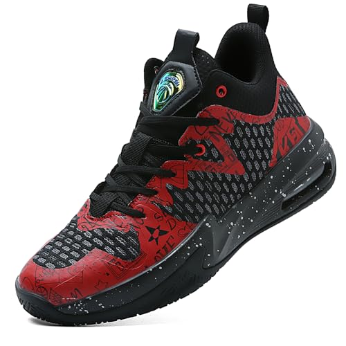 ASHION Men's Basketball Shoes Arch Support Sneakers Breathable High Top Tennis Shoes Indoor Outdoor Basketball Sneakers No-Slip Black Red 6.5