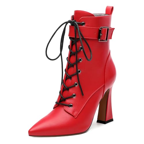 Women's Pointy Toe Ankle Boots Lace Up Stiletto High Heel Booties Fashion Side Zipper Short Boots