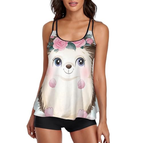 Ensemble Bikini Tankini Gainant avec Robe Flottante et Shorty Motif Hérisson Femme
