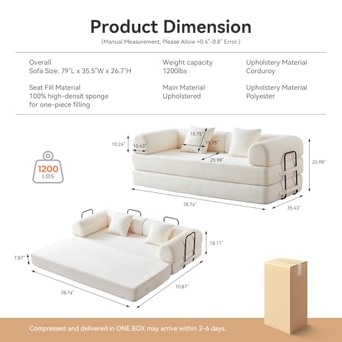 QQR Convertible Folding Mattress Couch, 5-in-1 Futon Sofa with Armrests, Sleeper Mattress Sofa Bed Comfy Fold Out Bed for Living Room, Bedroom, Lounge,Guest, Office (Beige White)