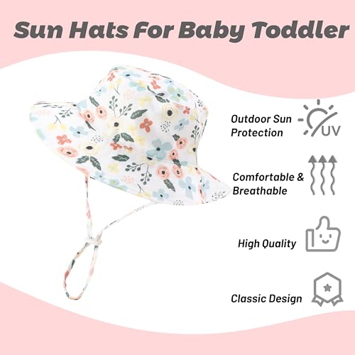 Baby Sun Hat Toddler Bucket Hats Summer Sun Protective Kids Beach Hats Wide Brim Outdoor Camping Hat for Boys Girls Floral White 0-6 Months - Thumbnail 3