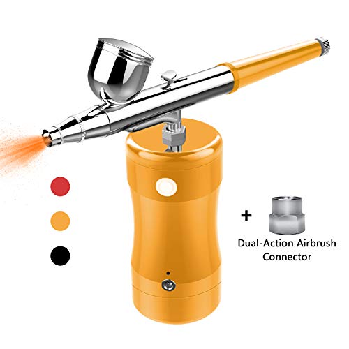 COSSCCI Handheld Airbrush Kit, Portable Mini Air Brush Spray Gun with Compressor Kit Single Action Air Brush Painting Kits for Cake Decorating Makeup Art Nail Model Painting Tattoo Manicure (Gold)