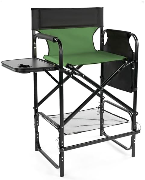 Director’s Chair with Footrest & Built-in Cup Holder, Folding Bar Height Camping Chair with Side Table, Portable Design with Storage Pocket (Olive, 31″ Tall)