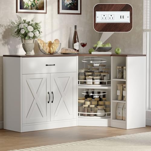 Loomie Corner Cabinet w/Charging Station, Kitchen Pantry Cabinet w/2 Tier