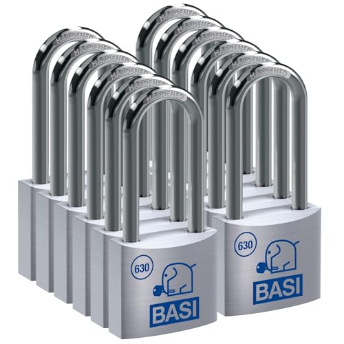 BASI | 12er Set Vorhangschloss | 40 mm | gleichsperrend | hoher Bügel | massives Aluminium-Gehäuse | gehärteter Stahlbügel | sicheres Vorhängeschloss gleichschließend | Bügelstärke 6 mm | 12 Stück