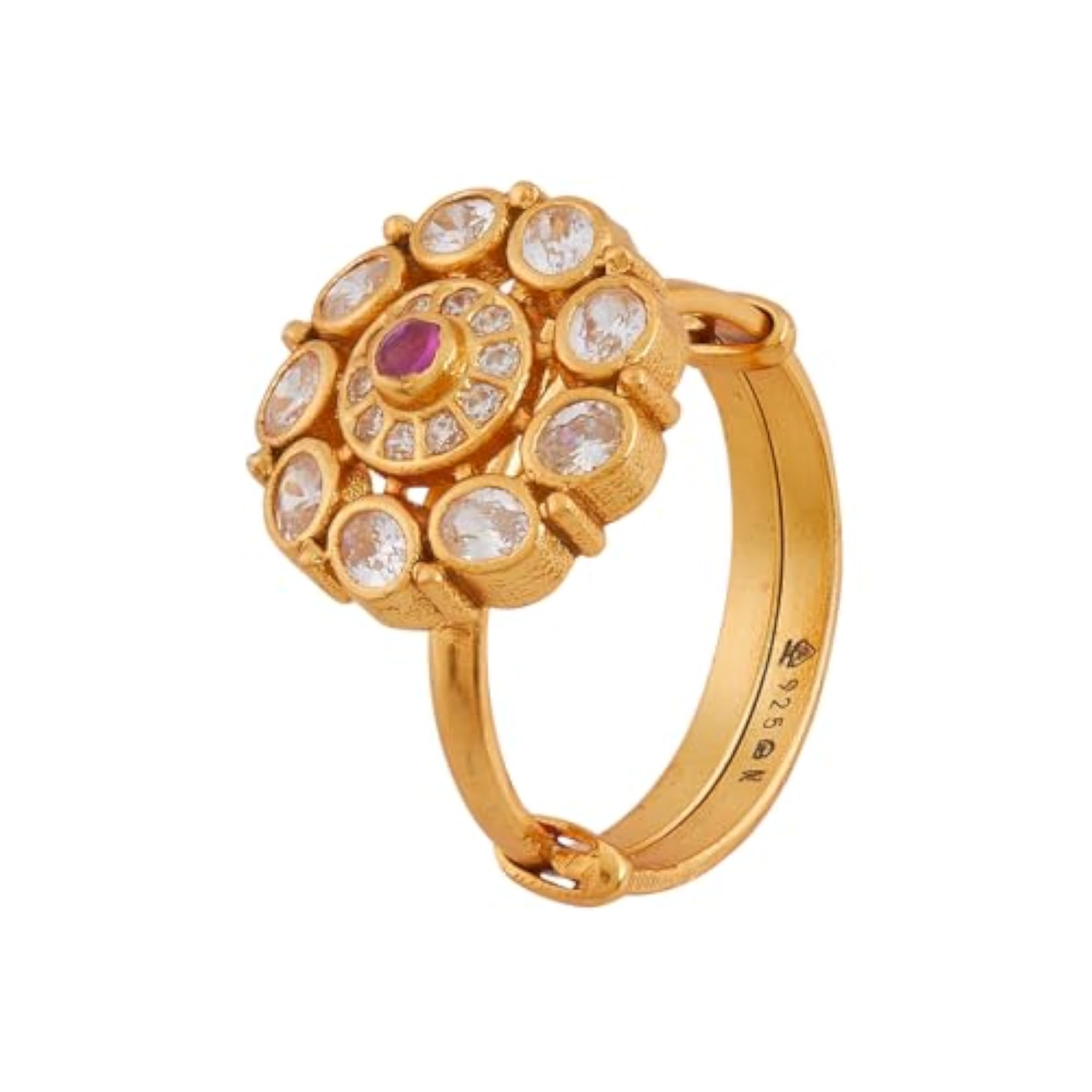 KUSHAL'S Ruby Gold Polished 92.5 Silver Temple Adjustable Finger Ring