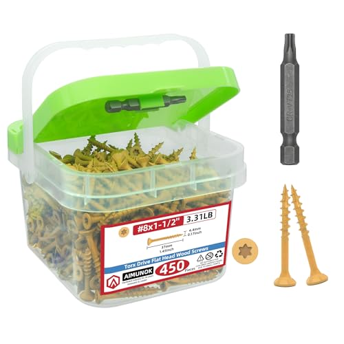 AIMUNOK Epoxy Coated Wood Screws for Pressure Treated Lumber, Torx Drive Flat Head Self-Tapping Screws Kit with T25 Star Bit, #8x1-1/2'' (3.35 LBS) for Deck, Fencing, Framing & Outdoor Carpentry