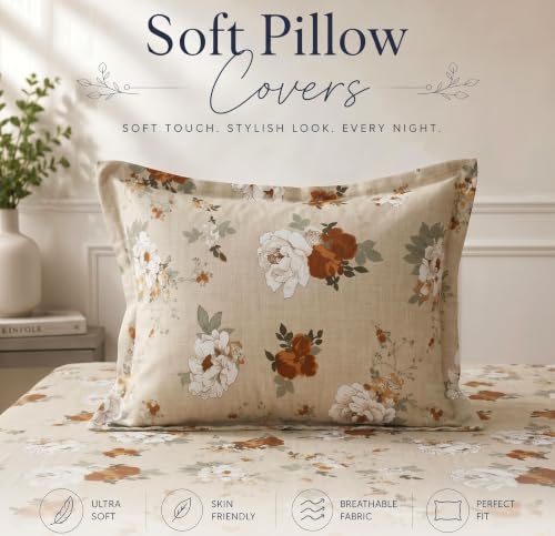 Image of BSB HOME 210 TC Cotton Feel Single Bedsheet with 1 Pillow Cover, Soft & Breathable Floral Printed Bed Sheet, Fade Resistant, Bedding for Home & Bedroom, 60 x 90 Inches (152 x 229 cm) (Terracotta)