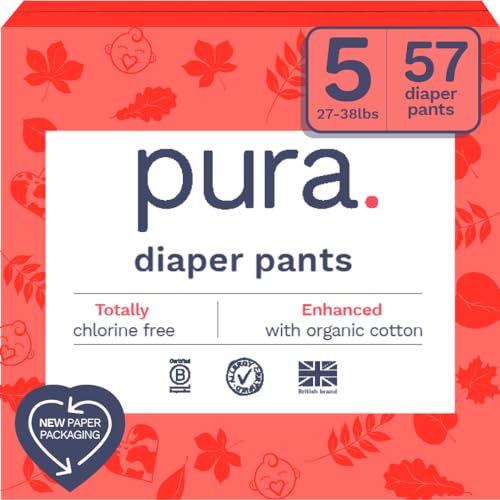 Image of Pura Hypoallergenic Diaper Pants Size 5 (27-38 lbs) Overnight, up to 12 Hours Leak Protection, Suitable for Sensitive Skin, Totally Chlorine Free, Soft Organic Cotton, 3 packs of 19 (57 Pull Up Pants)