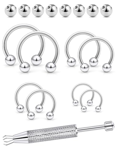 Heienngy 16G 316L Surgical Steel Horseshoe Septum Rings 6/8/10/12 External Thread with Balls & Tool (17PCS) Nose Cartilage Lip Jewelry