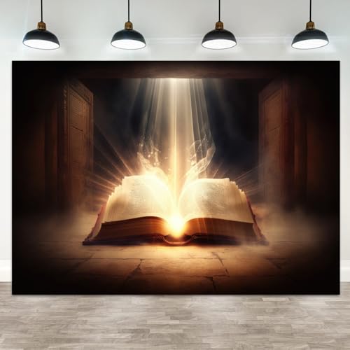 ASDCXZ 7x5ft Bible Backdrop Holy Glowing Opened Book Photography Background Jesus Christ Christian Religious Belief Church Sanctuary Baby Shower Banner Decorations Easter Portrait Photo Booth Prop