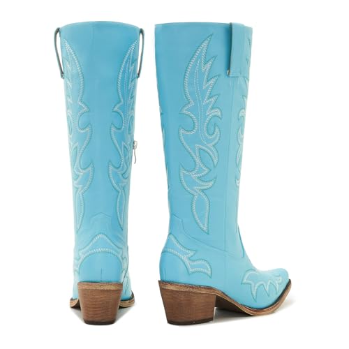 Image of Uillnoodu Wide Calf Cowboy Boots Women Adjustable Lace Up Knee High Tall Plus Size Cowgirl Boots Western Style Comfortable 2-Inch Heel