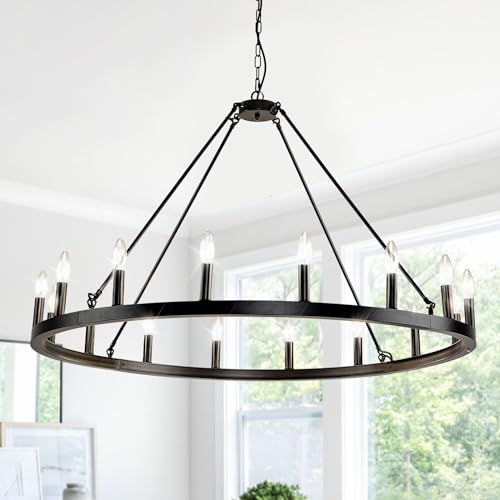 16-Light Black Wagon Wheel Chandelier Farmhouse, 43" Extra Large Chandeliers