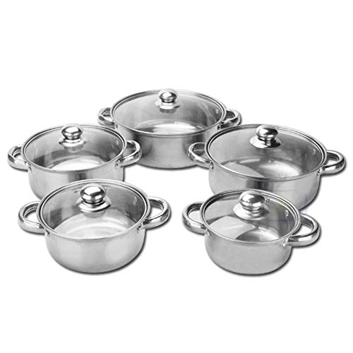 ifgswopq Juego de ollas y sartenes de acero inoxidable de 5 piezas, cacerola, cacerola, cacerola, sartén con tapa de vidrio, mango de acero resistente, apto para cocina de inducción de gas