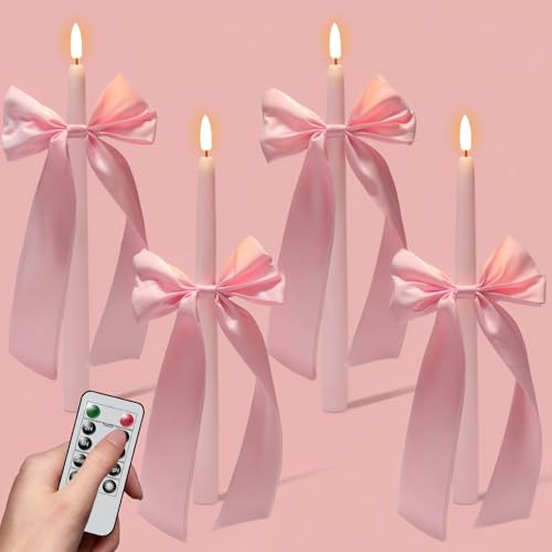 Image of Wondise Pink Flameless Taper Candles with Remote Timer, Battery Operated Real Wax Led Candle 3D Wick Flickering Flameless Candlesticks for Home Birthday Party Wedding Anniversary Decor