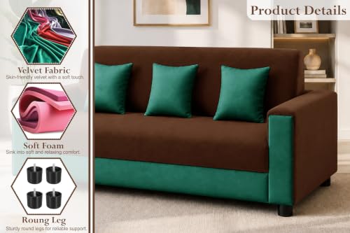 Image of 3 Seater Wooden Sofa | Velvet Fabric Couch with Cushions | Comfortable Living Room Sofa | Sturdy Wooden Frame | Home & Office Furniture | Brown & Green