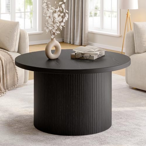 ONBRILL 31.5' Round Coffee Table, Tambour Design Coffee Tables for Living Room, Mid Century Modern Wood Coffee Table, Drum Accent Small Center Table, Black