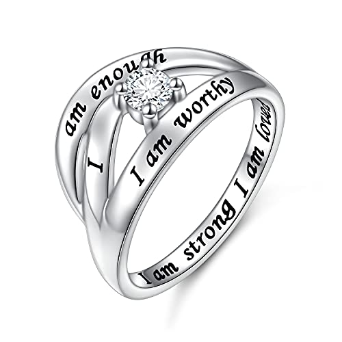 DAOCHONG 925 Sterling Silver I Am Enough I Am Worthy I Am Strong I Am Loved Ring for Women (B, 7)