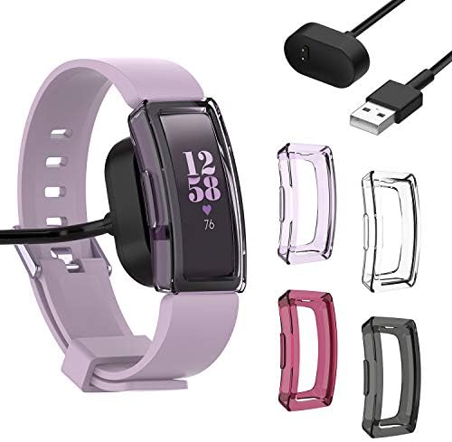 YUANHOT for Fitbit Inspire HR Case Plus Charger Charging Cable (4+1 Pack), 4pcs Scractch-Resist Protective Case Cover Protect Bumper with 3.3 ft Charging Cord for Fitbit Inspire HR Smartwatch