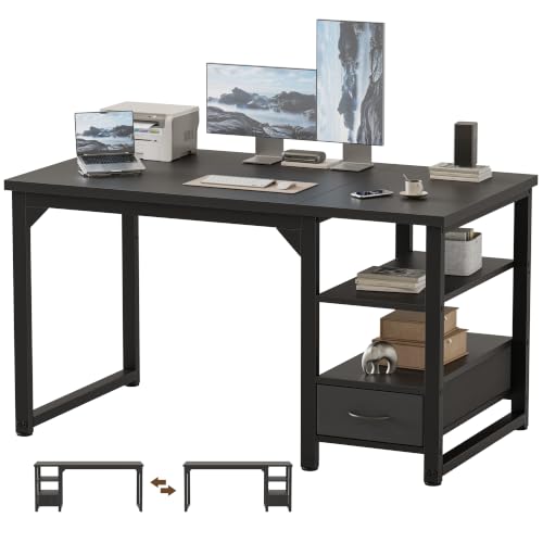 Image of Mericonia 48 in Computer Desk with Drawer, 1 inch Thick Reversible Office Desk | Modern Writing Table with Storage Shelves, Heavy Duty Industrial Study Desk for Home Bedroom Work