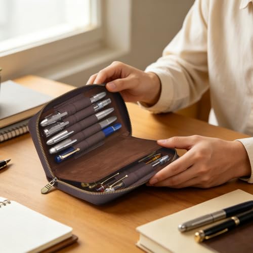 Image of Fountain Pen Leather Pen Case 10 Divided Slots, Rollerball Pen Holder Handmade Display Organizer Zippered Pouch
