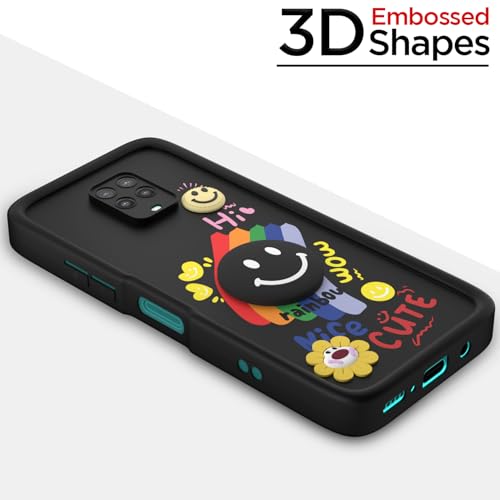 Image of Pikkme Back Cover for Redmi Note 9 Pro /Note 9 Pro Max /Poco M2 Pro /Note 10 Lite | Soft Silicone| Cute Rainbow Smile & 3D Cartoon Flower Design | Shockproof Raised Camera Protection Bumper Case (Black)
