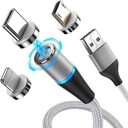 AVMART Nylon Braided Magnetic Data Charging Cable 360 Degree Rotate Cable 3 Different Metal Jack Cable Dust Proof One Handed Support iOS Devices, Android Mobile and All Type C Smartphone, Tablets