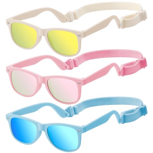 Baby Infant & Toddler Polarized Sunglasses with Strap - Soft Silicon, Unbreakable, UV400 Protection for Boys & Girls 0-24 Months, 3 Pack Flexible TPEE Rubber Frame Kids Sunglasses Newborn Shades
