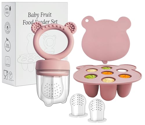 WeSweet Alimentador de frutas para bebé, de silicona, para bebés, moldes de congelador, para dentición de bebé y alimentación automática, ideal como regalo para la futura madre (juego rosa)