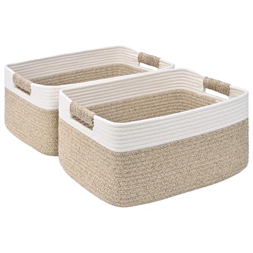 2 Pack Large Storage Basket for Organizing, 17.5″x13″x7″ Woven Basket for Shelves, Closet Cube Storage Bins with Wrapped Handle, Cotton Rope Baskets for Kitchen, Clothes, Toys(Off White & Brown)