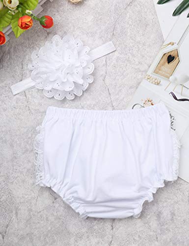Feeshow Infant Baby Girls Lace Ruffle Frilled Bloomers Diaper Cover With Headband 1St Birthday Photography Outfit White 0-3 Months #TOP4