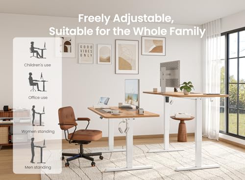 Image of BANTI 55 x 28 Inches Standing Desk, Ergonomic, Electric Height Adjustable, Sit and Stand Up, Computer Desk with a Deeper Desktop, White Frame /Light Rustic Top