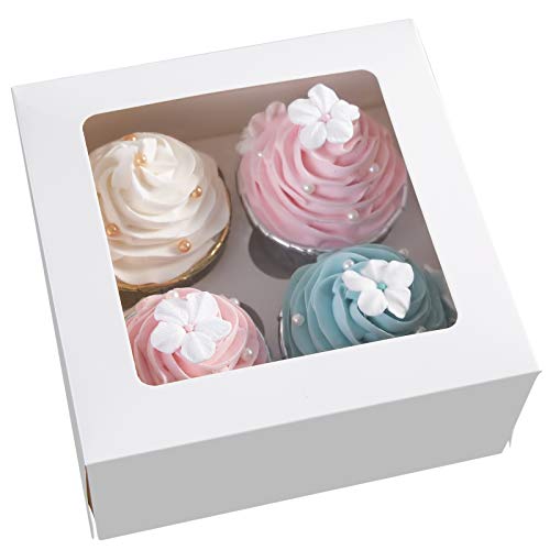 bakery boxes cupcakes - [15pcs]White Paper Cupcake Boxes,Valentines Day Cookie Gift Boxes with Clear Window, Auto-Popup Cupcake Containers Carriers Bakery Cake Box with Insert 4 Cavity (White,15)