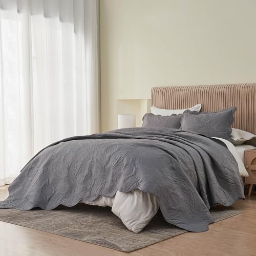 Image of Kingnex Oversized King Bedspreads 128x120 Extra Wide for Tall King or Cal King Bed Ultrasonic Quilted Coverlet Set 3 Piece Include 1 Quilt 2 Pillowcases Dark Grey