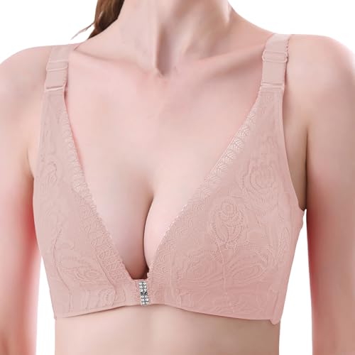 Genérico Camiseta de tirantes de tul con cierre frontal para mujer, sujetador sin armadura, encaje, beige, 90C