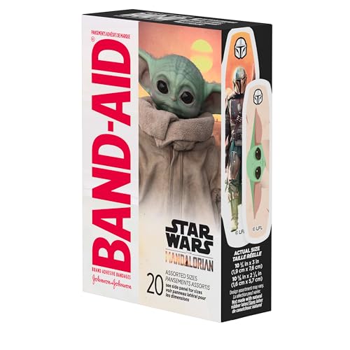 Image of Band-Aid Brand Adhesive Bandages for Minor Cuts & Scrapes, Wound Care Featuring Star Wars The Mandalorian Characters for Kids and Toddlers, Assorted Sizes 20 ct (Pack of 3)
